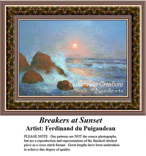 Waves crash against dark rocks at sunset in this counted cross stitch kit based on "Breakers at Sunset" by Ferdinand du Puigaudeau.