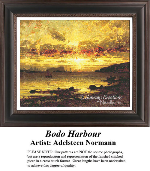 A golden sunset glows over Bodo Harbour as boats sit on the water, arranged as a counted cross stitch design by Adelsteen Normann.