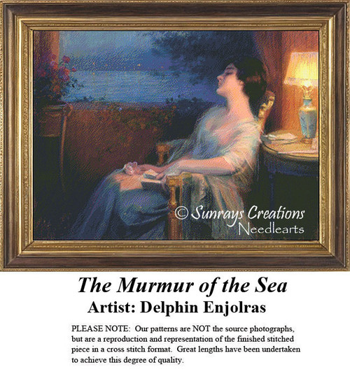 A seated woman rests in a chair, gazing thoughtfully towards the ocean at twilight, rendered in a counted cross stitch chart by Delphin Enjolras.