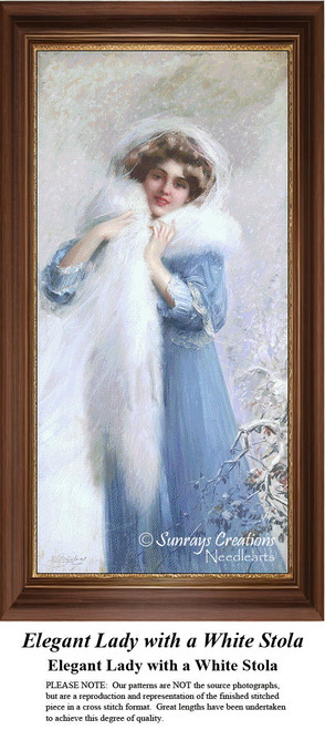 A woman dressed in blue with a white fur stola poses gracefully in a winter scene, frozen in time as a counted cross stitch pattern.