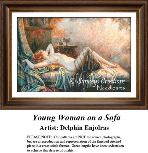A woman in the nude draped in silk rests on a divan, surrounded by rich drapery, as a cross stitch pattern by Delphin Enjolras.