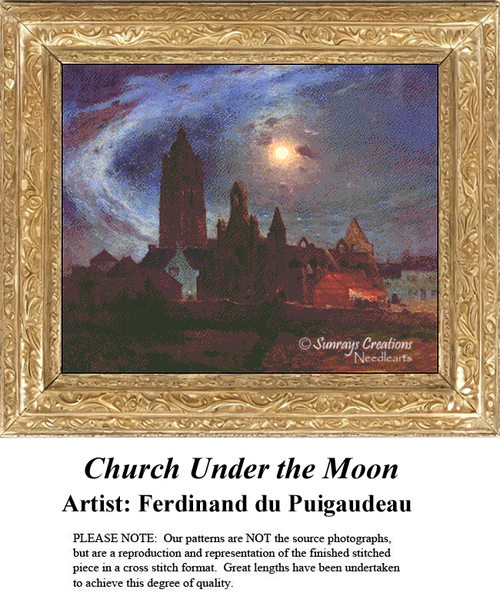 A tall church tower stands under swirling clouds at dusk, arranged as a counted cross stitch design by Ferdinand du Puigaudeau.