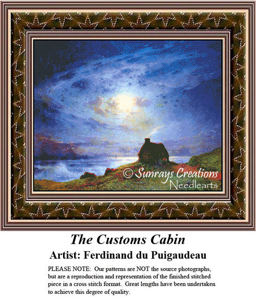 A tiny cabin rests on a hill under a swirl of clouds in a deep blue sky, created as a counted cross stitch pattern by Ferdinand du Puigaudeau.