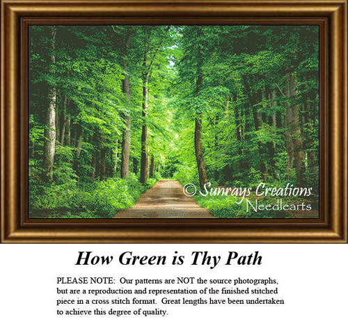 A serene forest path lined by lush green trees, captured as a counted cross stitch pattern. A perfect invitation to stroll through nature!