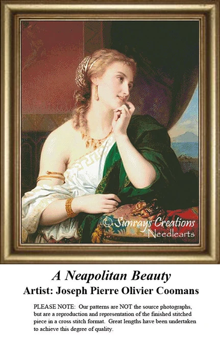 A woman gazes thoughtfully with an elegant pose, come to life as a counted cross stitch design by artist Joseph Pierre Olivier Coomans.
