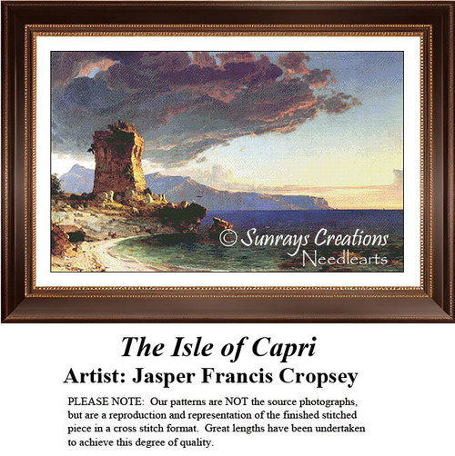 A dramatic seascape with ancient ruins under stormy clouds, rendered as a cross stitch kit by artist Jasper Francis Cropsey, from Sunrays Creations.