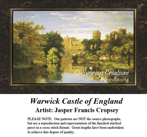 A scenic view of Warwick Castle nestled among lush trees, designed as a counted cross stitch pattern ready for your next cross stitch project.