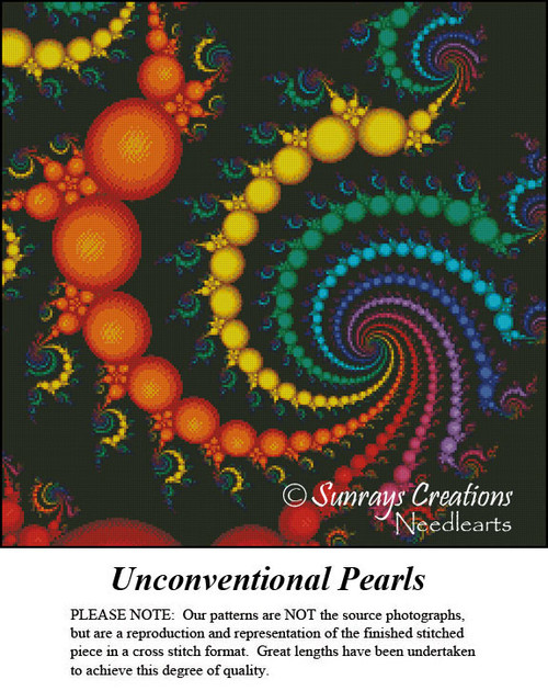 Vibrant swirls of colorful pearls spiral in a cosmic design, framed as a counted cross stitch chart. A unique xstitch pattern awaits!