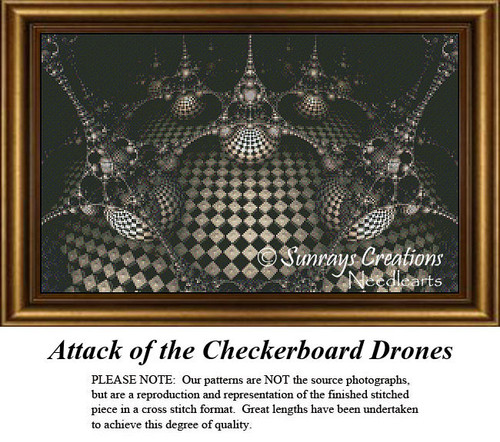 A dramatic pattern of checkerboard drones, arranged in a fierce formation, featured in a downloadable pattern for cross stitch projects.