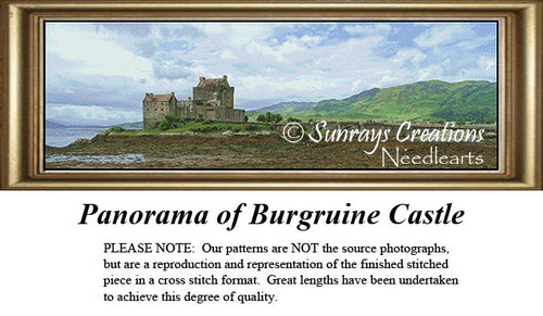 A panoramic view of Burgruine Castle perched on cliffs, surrounded by rolling green hills and a blue sky, designed as a BAP cross stitch pattern.
