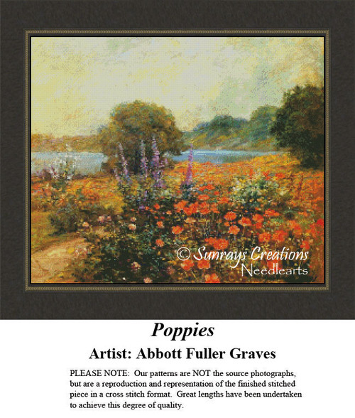 A colorful field of poppies under warm sunlight, with a shimmering lake and trees in the background, depicted in a counted cross stitch pattern by