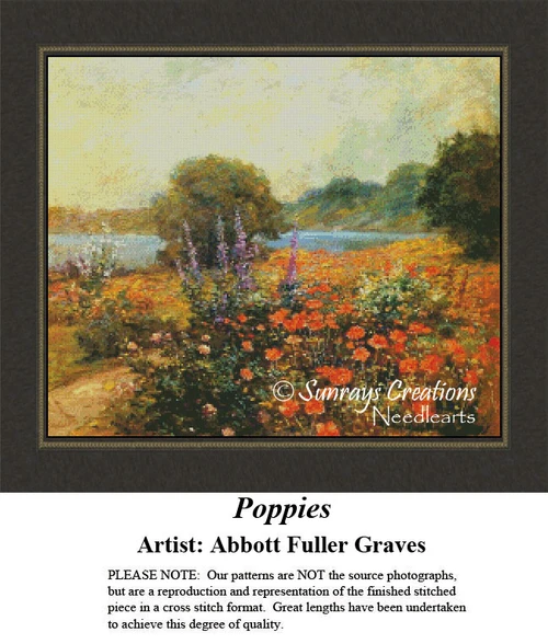 A colorful field of poppies glows in sunlight with a lake and trees in the background, framed as a counted cross stitch chart.