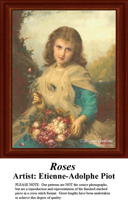A young woman holding a basket of roses is the focus of this counted cross stitch design by Etienne-Adolphe Piot, set against a soft, warm background.