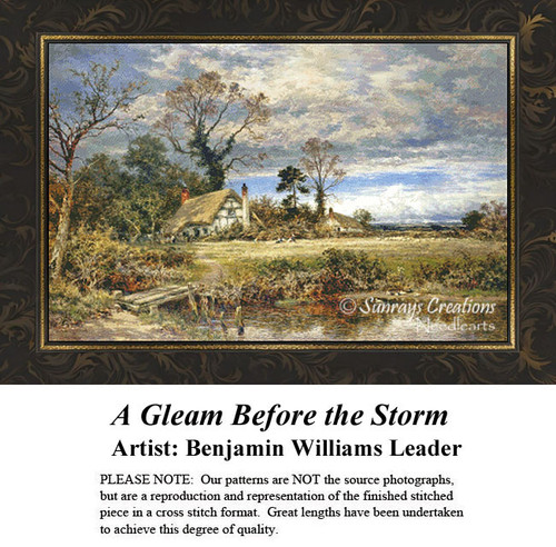 A rustic cottage beside a stream under stormy skies, depicted in this cross stitch pattern by Benjamin Williams Leader, radiates vibrant colors.