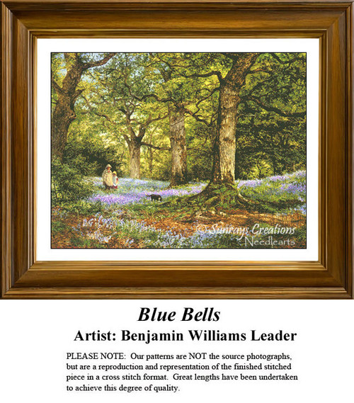 A serene woodland scene with children and a cat walking among bluebells, designed as a cross stitch chart by Benjamin Williams Leader.