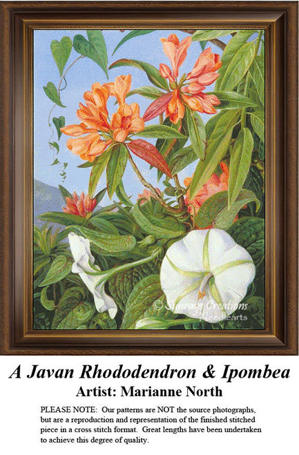 A Javan rhododendron with orange flowers and a star-like morning glory intertwine with lush green leaves, composed as a counted cross stitch pattern.