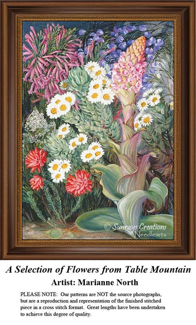 A vibrant assembly of tropical flowers in various colors is preserved as a counted cross stitch pattern by artist Marianne North.