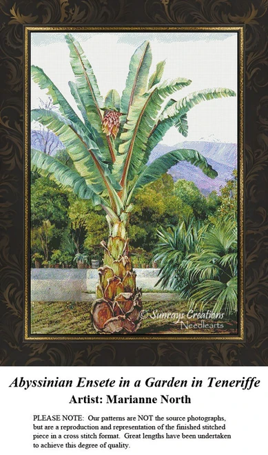 A large tropical tree with broad palm leaves and a cluster of fruit, designed as a cross stitch project by artist Marianne North.