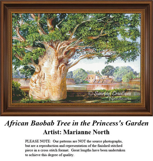 A large African Baobab tree with a thick trunk and wide branches is set against a serene landscape, designed as a BAP cross stitch by Marianne North.