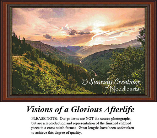 A scenic landscape of mountains under a dramatic sky, designed as a counted cross stitch chart for a serene representation of a hopeful afterlife.