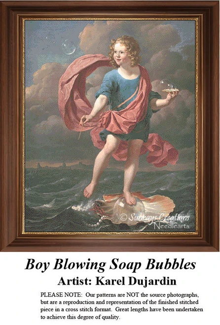 A young boy balances on a large bubble in the ocean while joyfully blowing bubbles, transformed into a counted cross stitch pattern.