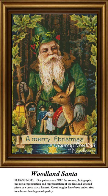 A large cross stitch pattern of Woodland Santa stands in a forest, adorned in nature-inspired attire, accompanied by a deer and two playful children.