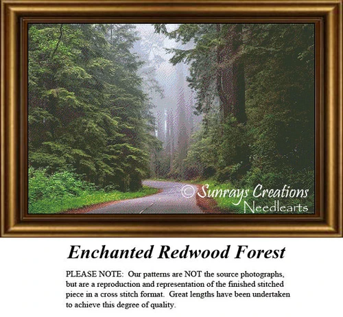 A serene path winds through tall, majestic trees in the Enchanted Redwood Forest, perfect for your next cross stitch project.