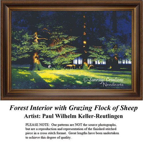 A serene nighttime forest scene with grazing sheep and a cozy cabin, preserved as a counted cross stitch pattern by Paul Wilhelm Keller-Reutlingen.