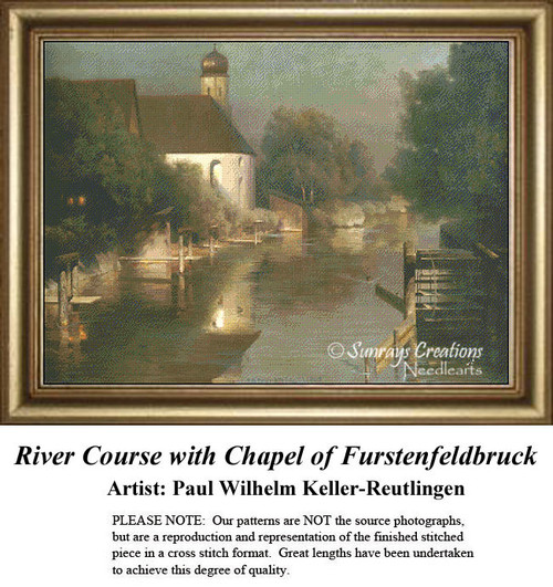 A serene river scene with an old chapel nestled among trees, designed as a cross stitch kit by Paul Wilhelm Keller-Reutlingen.