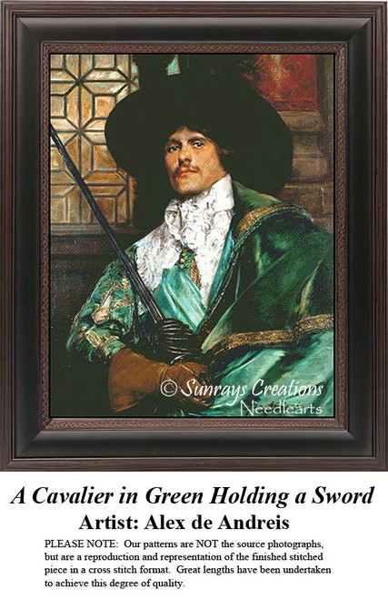 Fine Art Cross Stitch Pattern | A Cavalier in Green Holding a Sword