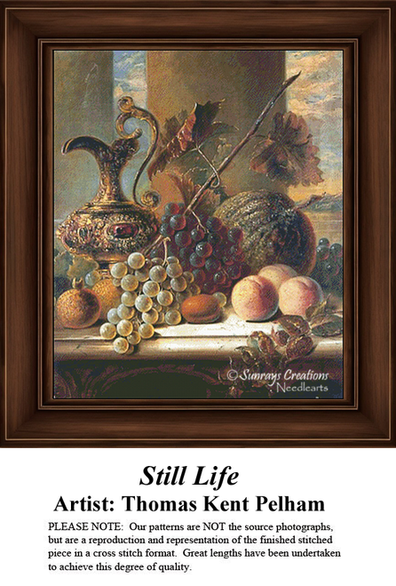 A still life arrangement with a brass pitcher, grapes, apples, and a pumpkin, designed as a cross stitch pattern by Thomas Kent Pelham.