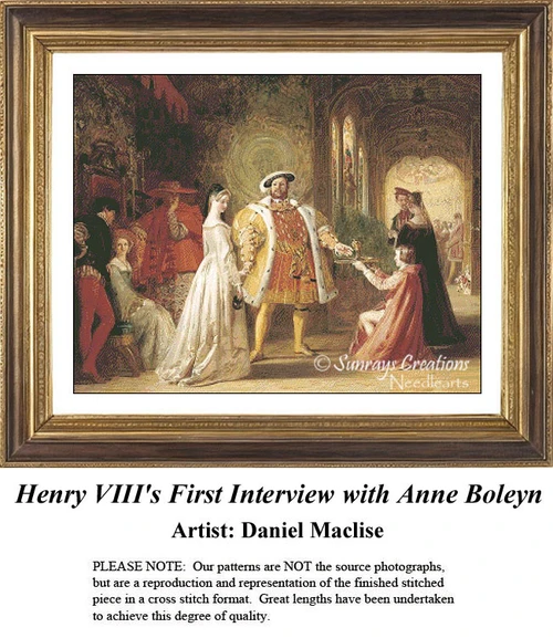 A regal scene from Daniel Maclise's xstitch pattern shows King Henry VIII meeting Anne Boleyn, surrounded by nobles and elegantly dressed figures.