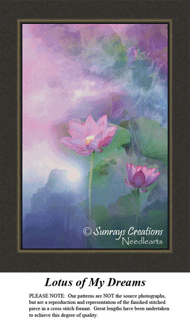 A pastel jewel-toned image of lotus blossoms in soft colors, available as a printable pattern for cross stitch enthusiasts.
