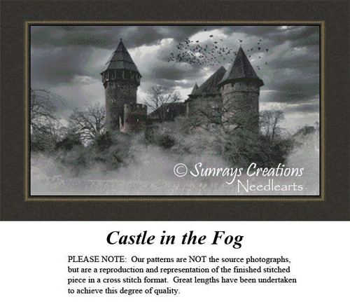 A dramatic black and white castle stands shrouded in fog, surrounded by overgrown trees and birds in the sky, presented as a downloadable pattern.
