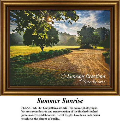 A sunlit landscape with trees lining a gravel path, designed as a counted cross stitch design, perfect for nature and stitch enthusiasts.