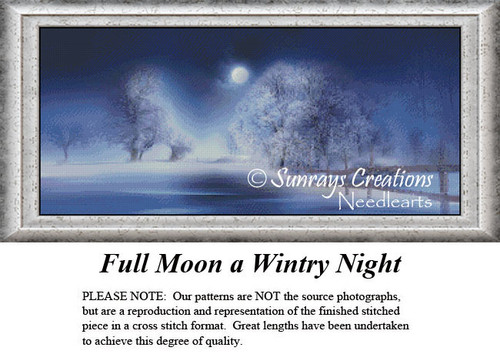 A serene winter landscape under a full moon, with snow-covered trees and a shimmering blue cast, shown as an xstitch chart for stitching.