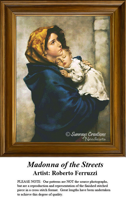 A woman holding a sleeping child stands against a simple backdrop, translated into a counted cross stitch design by Roberto Ferruzzi.