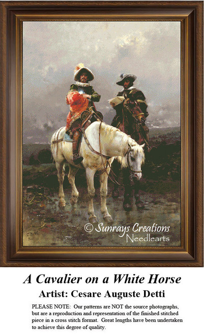 A cavalier in ornate attire poses confidently on a white horse, designed as a counted cross stitch pattern by Cesare Auguste Detti, perfect for your.
