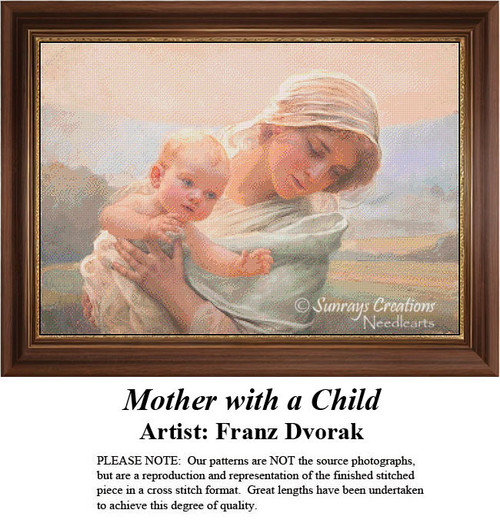 A mother tenderly holds her smiling child against a soft background of golden light, designed as a counted cross stitch chart by Franz Dvorak.