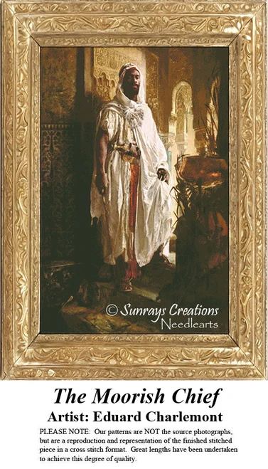 A stately man in a flowing white robe stands confidently, surrounded by warm earth tones in this counted cross stitch kit by Eduard Charlemont.