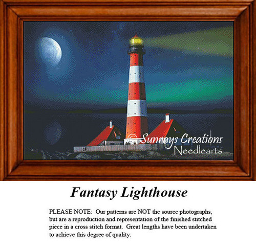 A tall red and white lighthouse stands against a midnight blue sky, with a glowing moon and soft light, shown as an xstitch pattern.