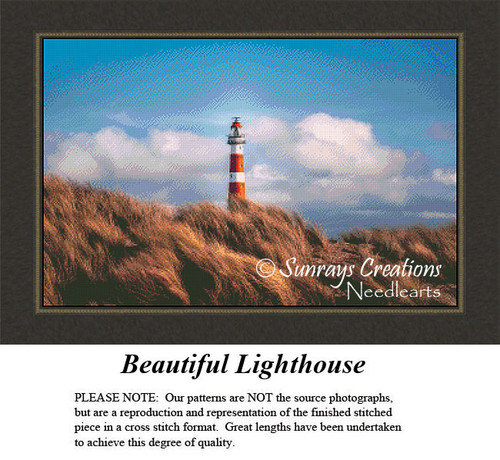 A red and white lighthouse stands tall amidst waving beach grass under a blue sky, designed as a counted cross stitch xstitch chart for enthusiasts.