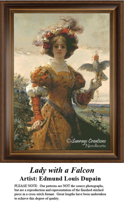 A woman dressed in historic attire holds a falcon on her arm, framed in a lush landscape, available as a printable pattern by Edmund Louis Dupain.