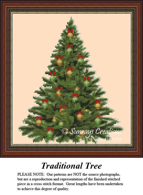 A traditional Christmas tree adorned with green and gold ornaments and red bows, designed as a cross stitch chart by Sunrays Creations.
