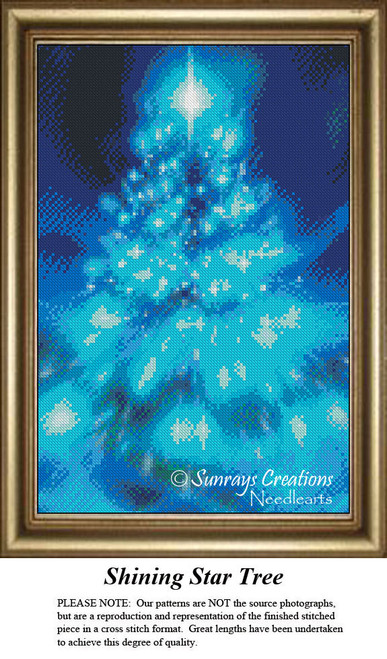 A glowing Christmas tree with a bright star at the top, rendered in solid colors, showcased as a fractal xstitch pattern suitable for festive decor.