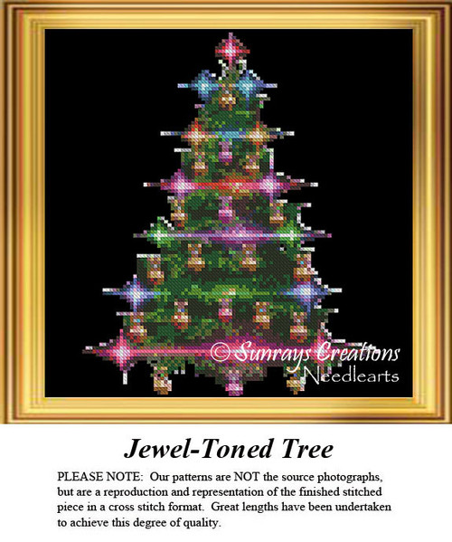 A vibrant Christmas tree adorned with jewel tones glows against a black background. This xstitch chart offers a festive design for holiday stitching.