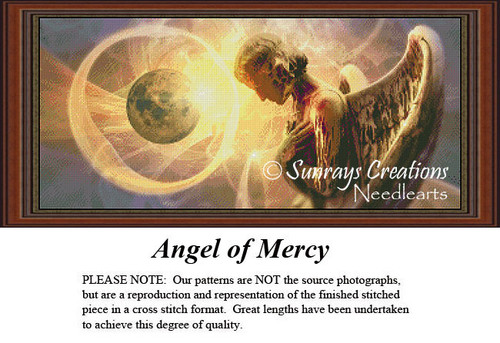An angel hangs her head in despair with soft, flowing feathers, observing unrest on earth, accompanied by a PDF pattern for stitching.