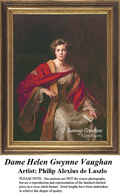 A portrait of a woman in a flowing red and cream robe, painted by Philip Alexius de Laszlo, turned into a digital pattern for cross stitch.