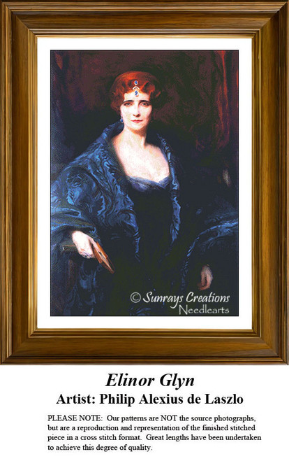 A portrait of Elinor Glyn, dressed in elegant attire, designed from a painting by Philip Alexius de Laszlo, available as a digital file for cross