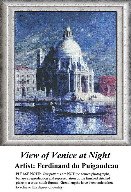 A nighttime view of Venice with a prominent dome, designed as a counted cross stitch design by Ferdinand du Puigaudeau, reflects Impressionism.